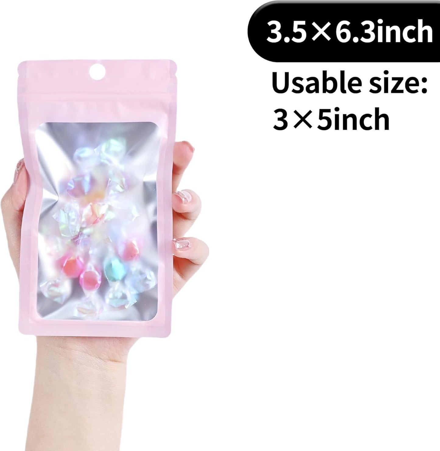 Resealable Mylar Pouch Bag Great for Office Home Party Favor Food Storage (100PCS, Pink Color, 3.5 x 6.3 inch)