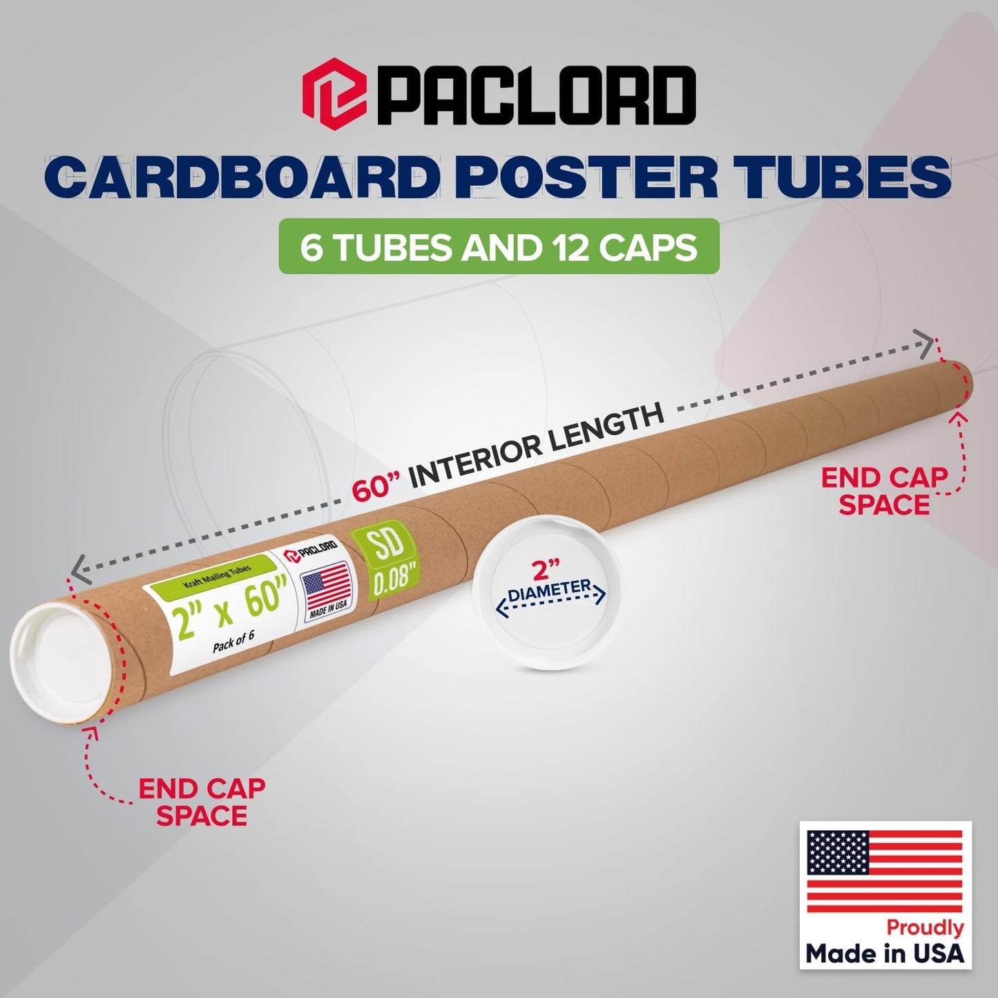 2" x 60" Reinforced Kraft Paper Mailing Tube, Pack of 6 Tubes with 12 Caps – Secure USPS Approved Poster Tube – Cardboard Tube for Shipping and Storing Posters, Prints, Artwork, or Documents