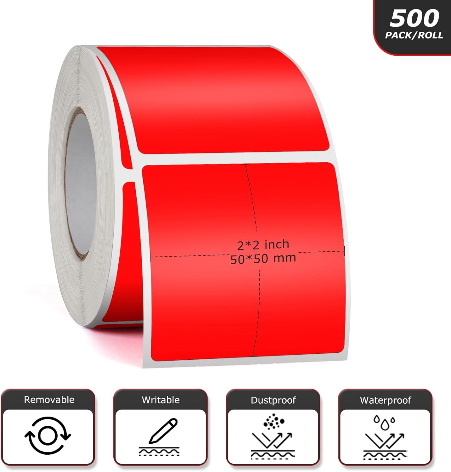 Red Square Stickers 2 x 2 Inch Color Coding Labels Vinyl Roll Self-Adhesive Waterproof Removable 500 PCS