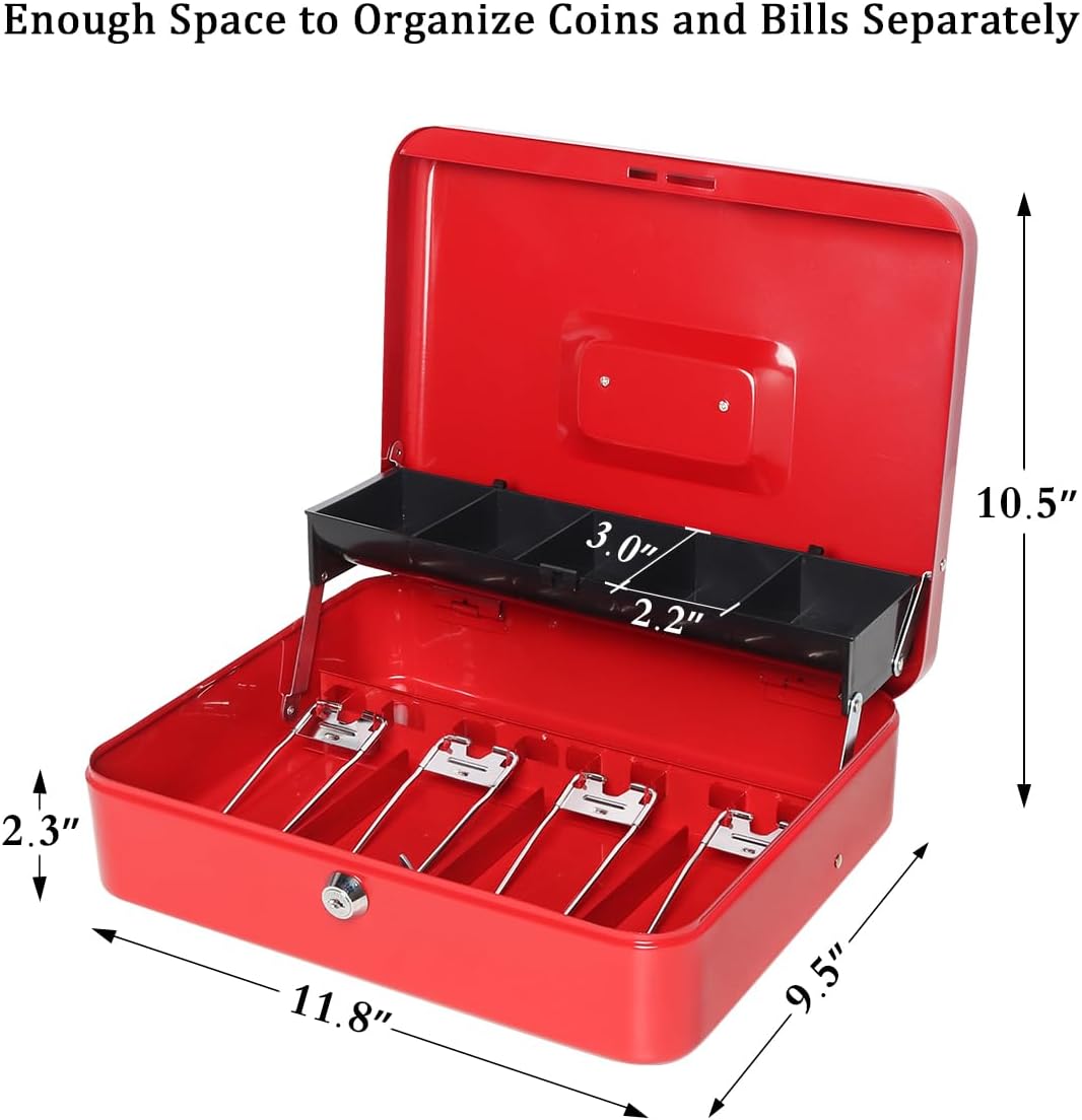 Jssmst Cash Box with Money Tray and Lock -Red Cash Box with Key Lock Safe Money Box Large, Locking Cash Register Drawer Box for Money, 11.8'' x 9.5'' x 3.5'', SM-CB005RED