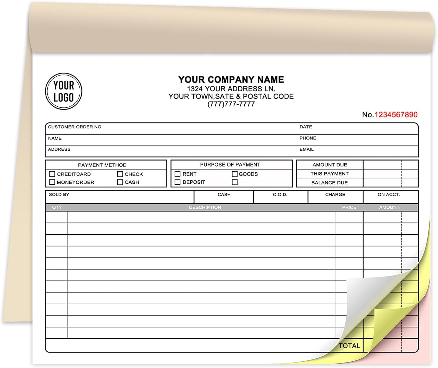 Custom Invoice Book for Small Business,8.5 x 7 Inches Invoice Receipt Book, 3-Part Carbonless Forms, Personalized Company Name, Address, Phone Number