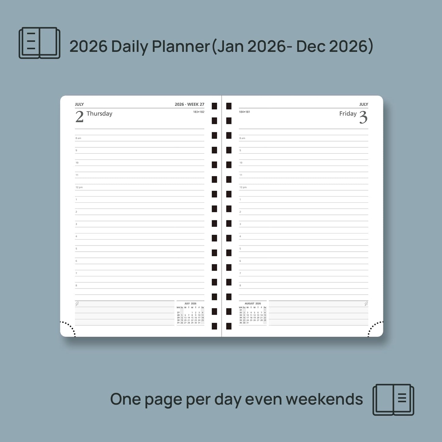 POPRUN 2026 Daily Planner One Page A Day - [8.5" x 5.75" Wire-Bound Hard Cover] Agenda 2026 Hourly Appointment Book with Monthly Calendar, Inner Pocket, Ivory Paper - Burgundy
