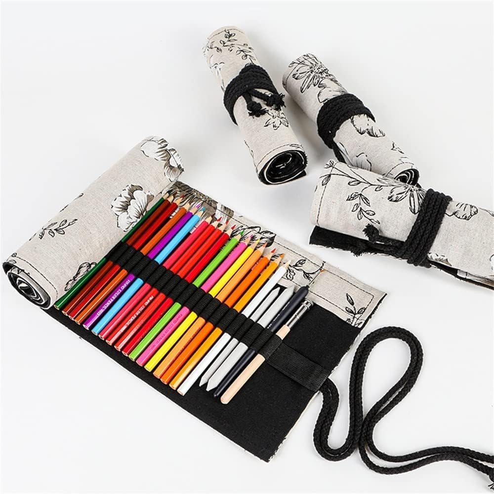 DIYOMR 12/24/36/72 Slots Pencil Wrap Pencil Rolls, Artist Colored Pencil Roll Up Bag Short Brush Pouch Case Pencils Organizer for Drawing Coloring and Sketching, No Pencils (Peony Flower, 12slots)