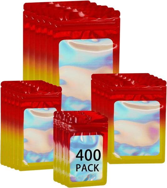 400 Pack 4 Sizes Resealable Mylar Holographic Bags Food Storage Smell Proof Bags with Front Window Foil Packaging Pouch for Sample Jewelry Small Business (Red to Yellow,3x4.7,3.1x5.5,4x 6,4.7x 7.9in)