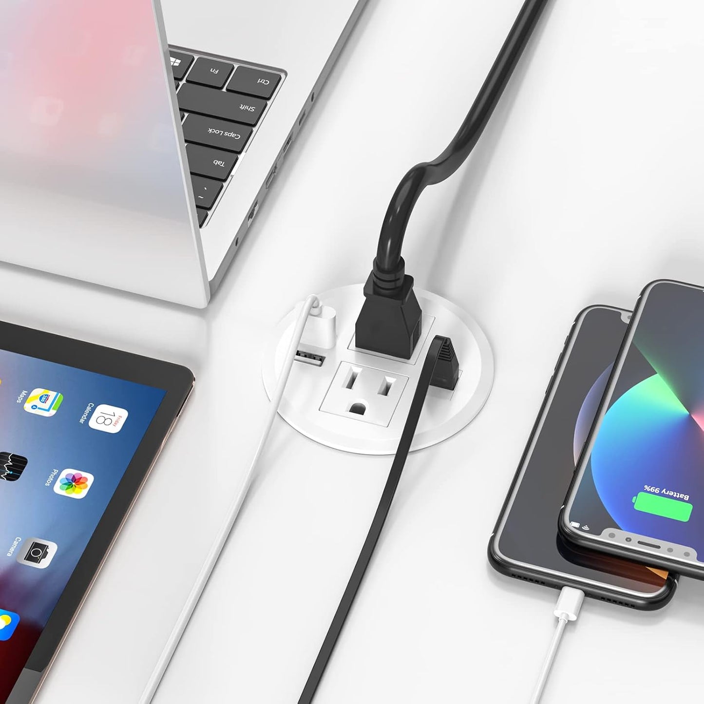 BTU Desktop Power Grommet with USB, 3 inch Hole Recessed Power Outlet, Flush Mount Power Strip Outlet with 2 AC Outlet & 2 USB Ports & 1 CAT6 & 10ft Power Cords for Table, Office, Home, Hotel, White