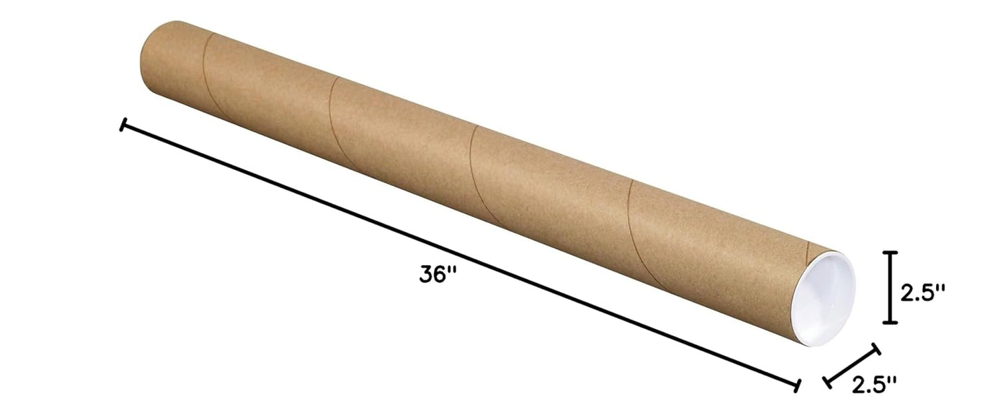 BOX USA BP2536K Mailing Tubes with Caps, 2-1/2" x 36", Kraft (Pack of 34)