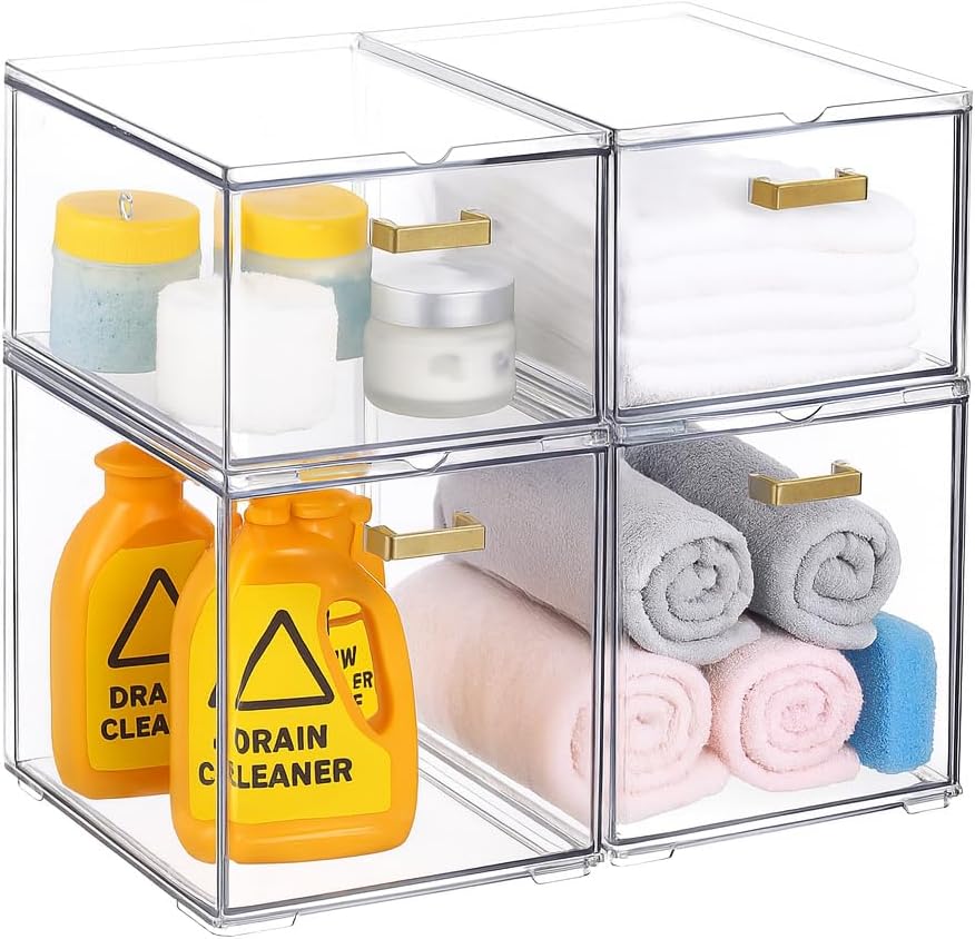 4 Pack Plastic Storage Bins, Acrylic Bathroom Makeup Organizer with Handle, Clear Small Stackable Storage Drawers for Vanity, Home, Kitchen Cabinet, Pantry, UnderSink Organization(6.7"D x 10.6" x 8"H)