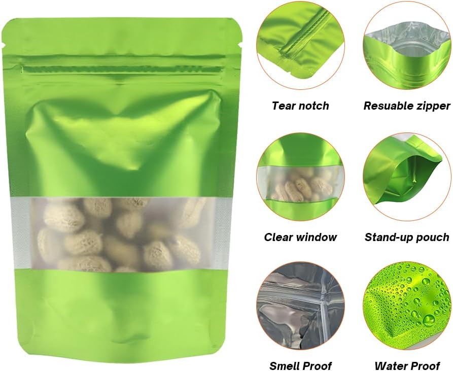 4CP 100 Pcs Green Zipper Smell Proof Bags with Window, 5.5x7.9 Inch Stand Up Foil Pouches for Food Selfsealing Storage, Reusable Bag for Packaging Small Business, Cookies, Nunt, Candy