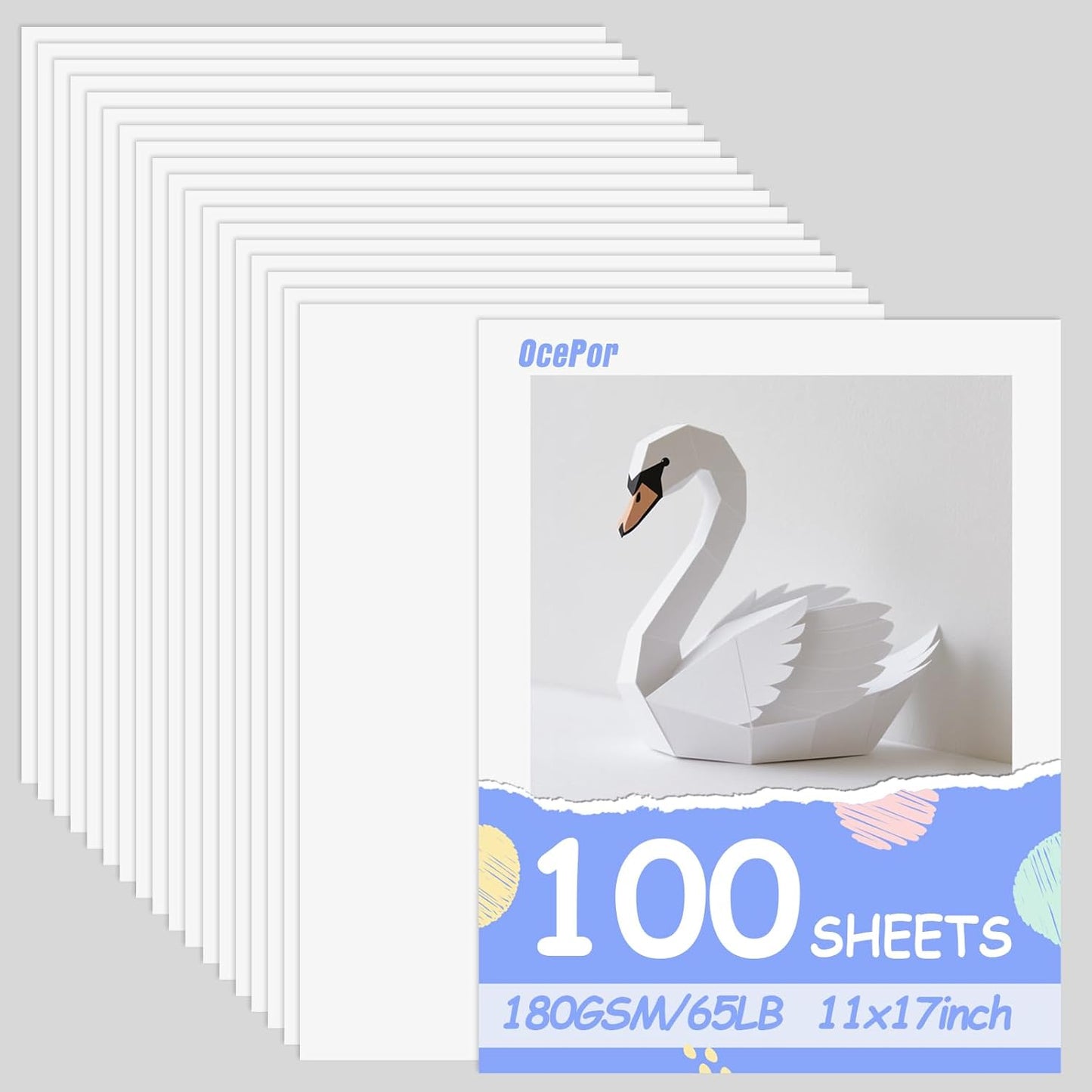 OcePor 100 Sheets White Cardstock 11” x 17”, 65lb/180gsm White Card Stock, Thick Card Stock Paper, Heavy Cardstock Paper for Printer, Resume, Scrapbooks, Art, Crafts, Business Cards