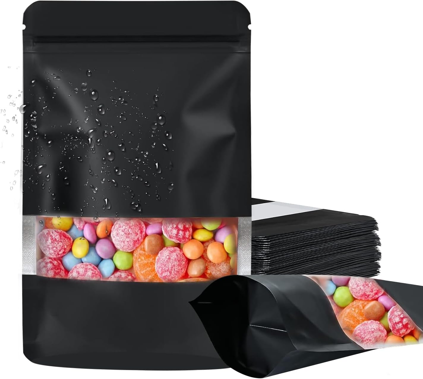 100 Pack Smell Proof Bags, Resealable Food Storage Bags with Clear Window, Stand Up Smell Proof Mylar Bags Self Seal Foil Pouches for Food Storage Packaging (Black, 5.9 x 8.7 Inch)