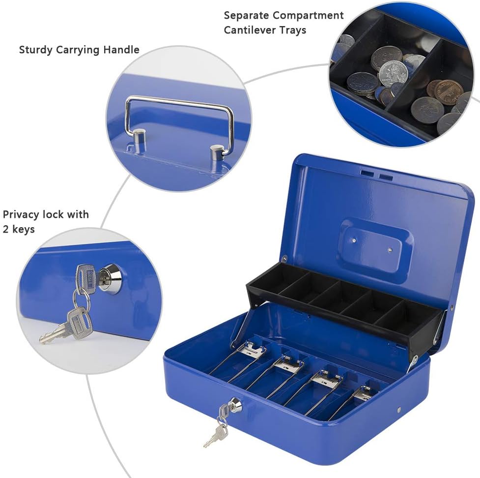 KYODOLED Locking Cash Box with Lock,Money Box with Cash Tray,Lock Safe Box with Key,Money Saving Organizer,11.81Lx 9.45Wx 3.54H Inches,Blue XL Large