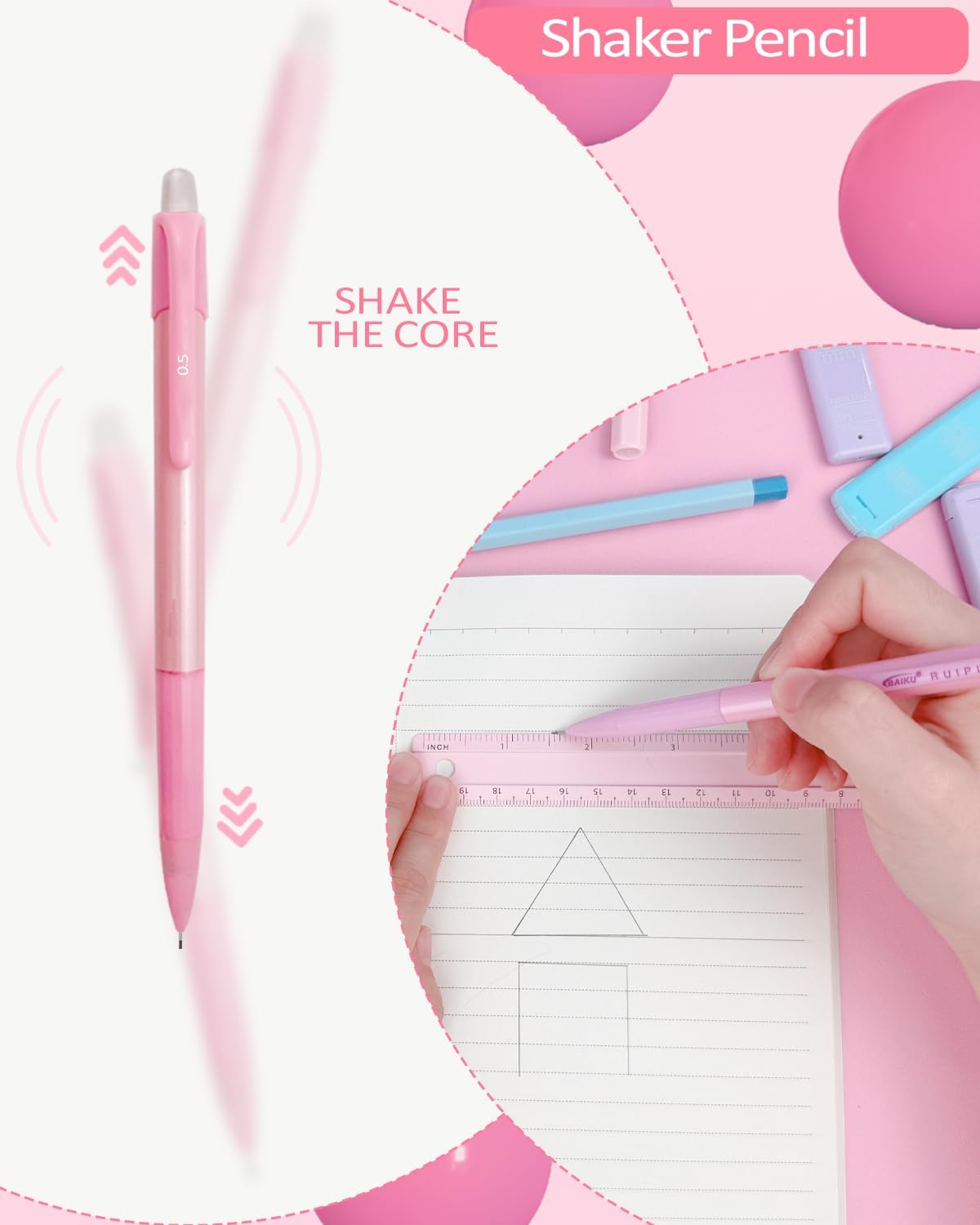 42PCS Mechanical Pencil Set with Cute Pencil Case，12X Pastel Mechanical Pencil 0.5mm, 0.7mm, 0.9mm & 2.0mm with 564X HB Leads Student Stationary Set for Writing Drawing Ideal Study Essentials (Pink)