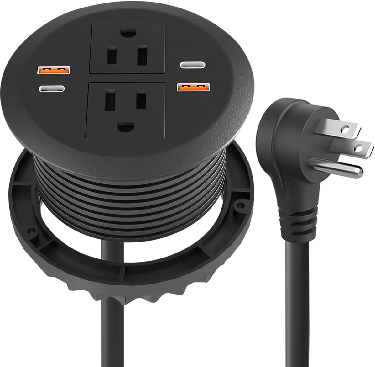 Desktop Power Grommet,Dual PD20W USB C,40W Total Output,4 USB Ports,Flush Mounted for 3-1/8" Desk Grommet Holes,Round Recessed Outlet,ETL-Certified,Flat Plug,6.4 ft,Black