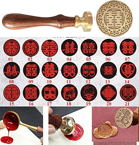 21 Styles Decorative Barque Chinese Character Double Happiness Symble Wax Seal Sealing Stamp Curlicue Wedding Invitation Christmas Gift Cards Embellishment Cutomize Seal Stamp Rosewood Handle Set