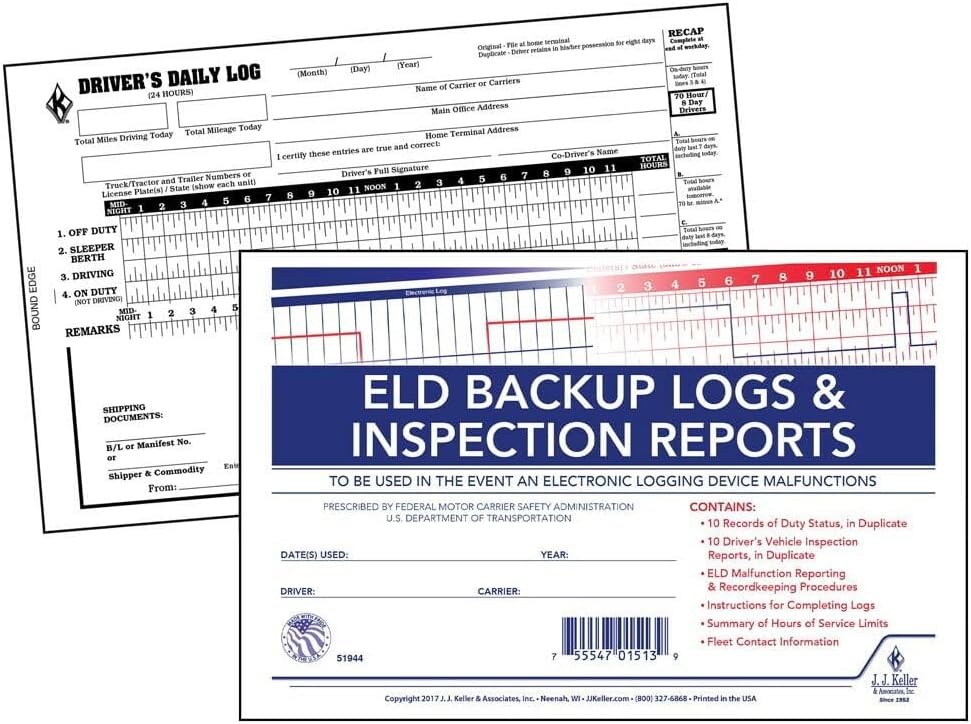 ELD Backup Driver Log Book 5-pk. with Detailed Driver Vehicle Inspection Report & Daily Recap - Book Format, 2-Ply Carbonless, 8.5" x 5.5", 10 Sets of Forms Per Book - J. J. Keller & Associates