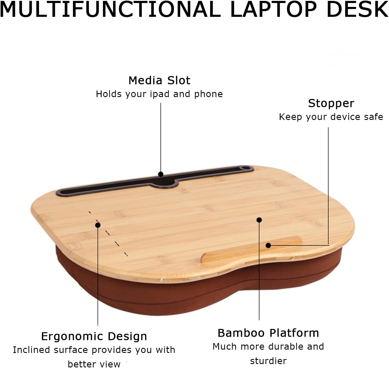 SUMISKY Lap Desk for 14" Laptops-Bamboo Laptop Desk with Cushion & Phone Holder, Portable Laptop Stand with Tray, 15x11 Inches