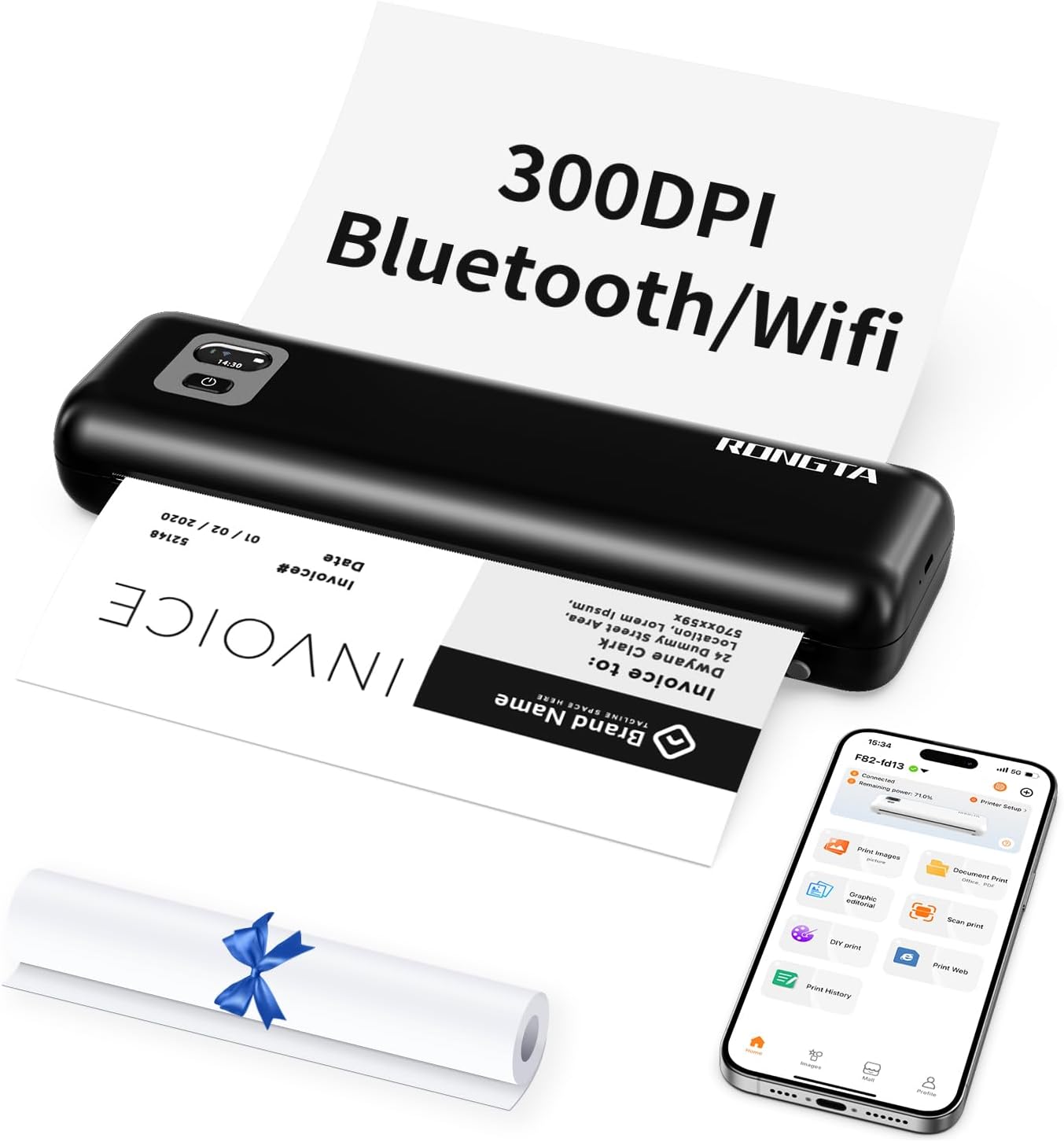 Rongta Portable Printers Wireless for Travel, 300DPI WiFi & Bluetooth Mobile Thermal Inkless Printer for School/Office/Home Use, Compatible with Android,iOS & Laptop,Black (F82)