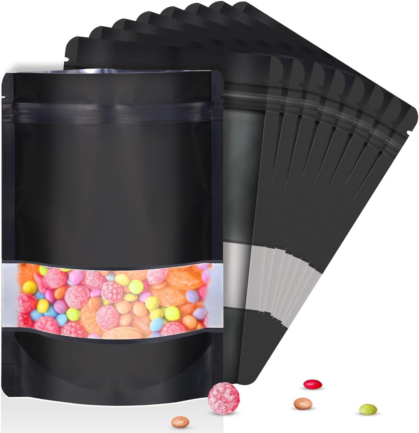 7.1"x10.2" 1 Quart 120pcs Mylar Bags for Food Storage,Smell Proof Bag with Matte Window Resealable Food Storage Bags for Small Business, Stand-up Foil Pouch Packaging Freeze Dried Candy Bag（Black）