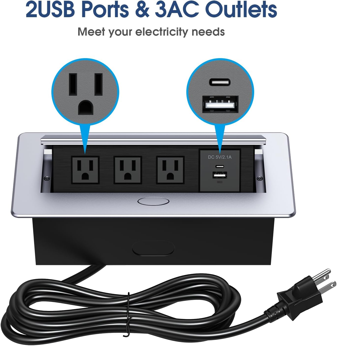 KYHSHJ Connection Box Desktop Pop Up Outlet with 3 * 15A Receptacle，2.1A 1 USB-A Ports &1 USB-C Port，Corrosive Resistant Hardware,Silver