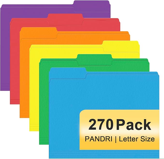 File Folder, PANDRI 270 Pack Colored File Folder, 1/3 Cut Tabs, Letter Size by PANDRI