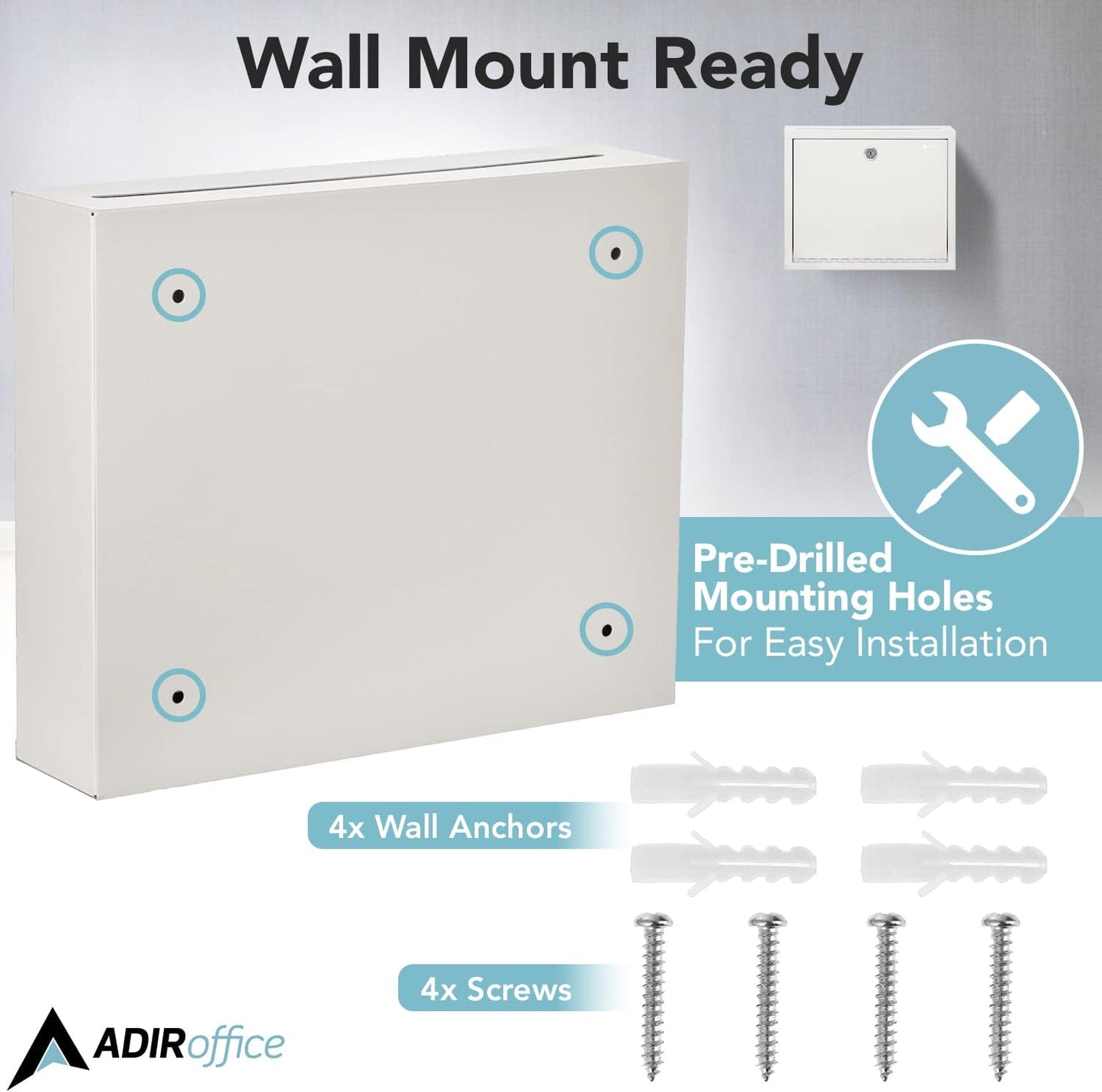 Adir Metal Suggestion Box with Lock and Slot, Wall Mount Deposit Box for Payments and Checks, Office Mail Box for Employees, Mailbox for House, Safe Drop Box with Keys - 3x10x12 Inch White