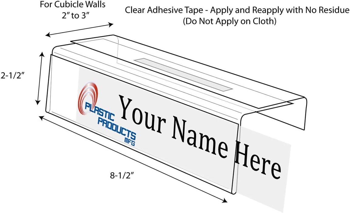 Adjustable Cubicle Name Plate Holders Single-Sided by Plastic Products Mfg - Expands from 2” up to 3” wide using our clear removable magic tape (15 Pack) - Cubicle Name Plates By Plastic Products Mfg.