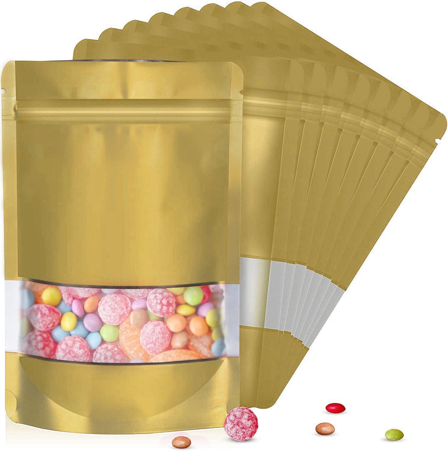5.5"x7.8" 120pcs Mylar Bags for Food Storage,Smell Proof Bag with Matte Window Resealable Food Storage Bags for Small Business, Stand-up Foil Pouch Packaging Freeze Dried Candy Bag(Gold)