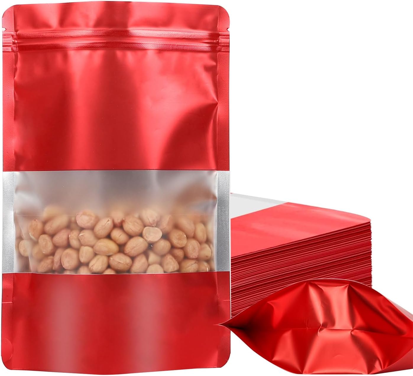 100 Pack Smell Proof Bags, Resealable Mylar Bags with Matte Window, Foil Pouch Stand-up Bags for Food Self Sealing Storage, Scratch Resistant Hand Storage Bags. (Red, 3.9×5.9 Inch)