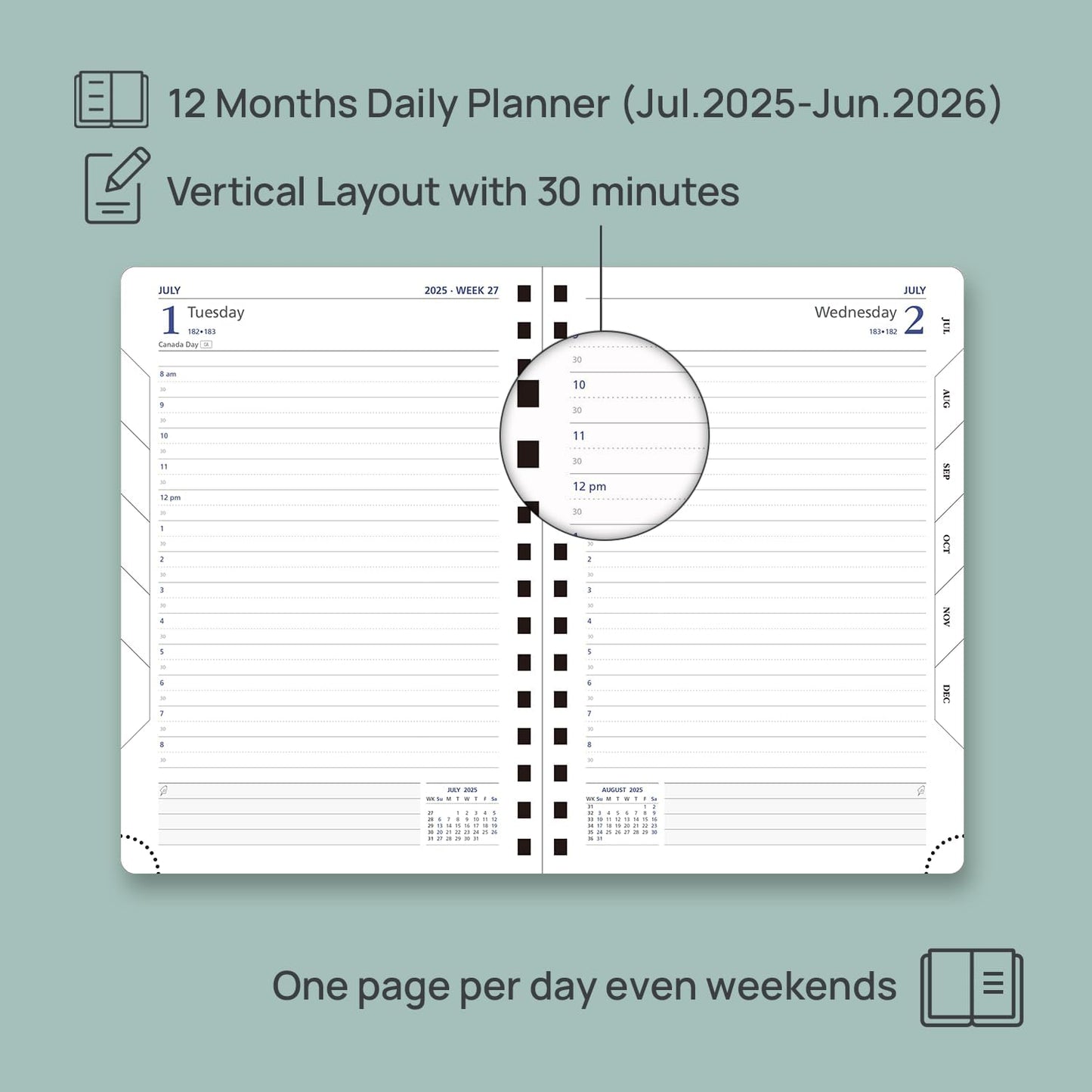 POPRUN Daily Planner 2025-2026 One Page per Day (6'' x 8.5'') with Spiral Bound Leather Soft Cover, Academic Year Appointment Book (Jul.2025 - Jun.2026) with Hourly Slots, Inner Pocket- Brown