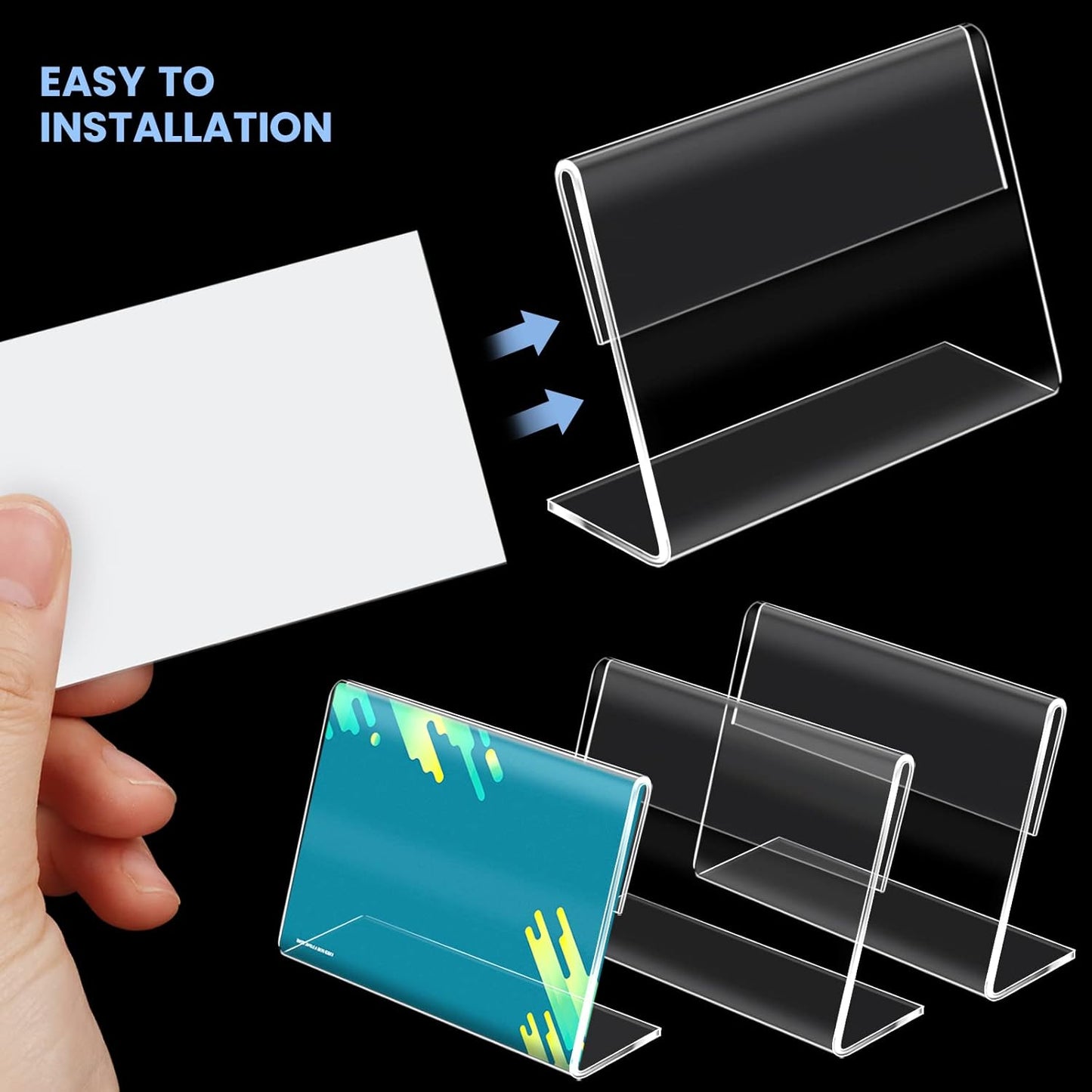 BILLIOTEAM 50pack Mini Clear Sign Display Holder with Blank Labels,3.2*2.2 Inch Horizontal Slanted L-Shape Plastic Name Card Price Card Tag Label Counter Top Stand