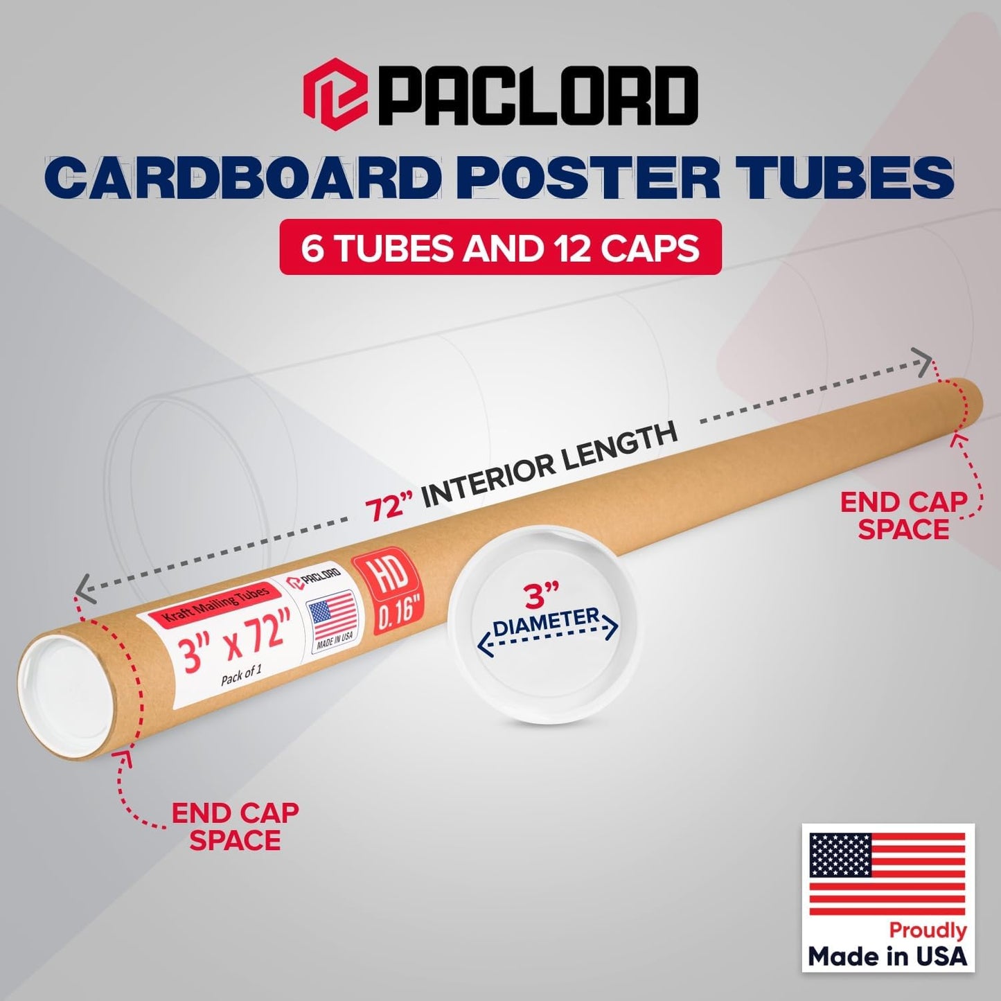 3" x 72" Heavy-Duty Reinforced Cardboard Mailing Tube, Pack of 6 Tubes with 12 Caps – Secure USPS Approved – Great for Shipping and Storing of Prints, Artwork, Posters or Documents