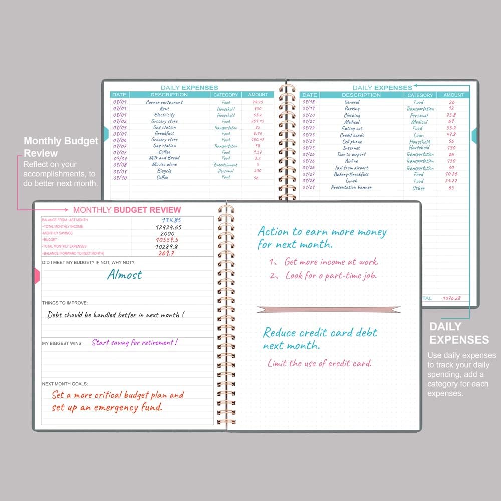 Budget Planner - 8" x 9.5" Monthly Budget Book with Expense Tracker Notebook, 2023-2024 Budgeting Book and Financial Planner to Control Your Money. Large Size, PU Leather, Grey