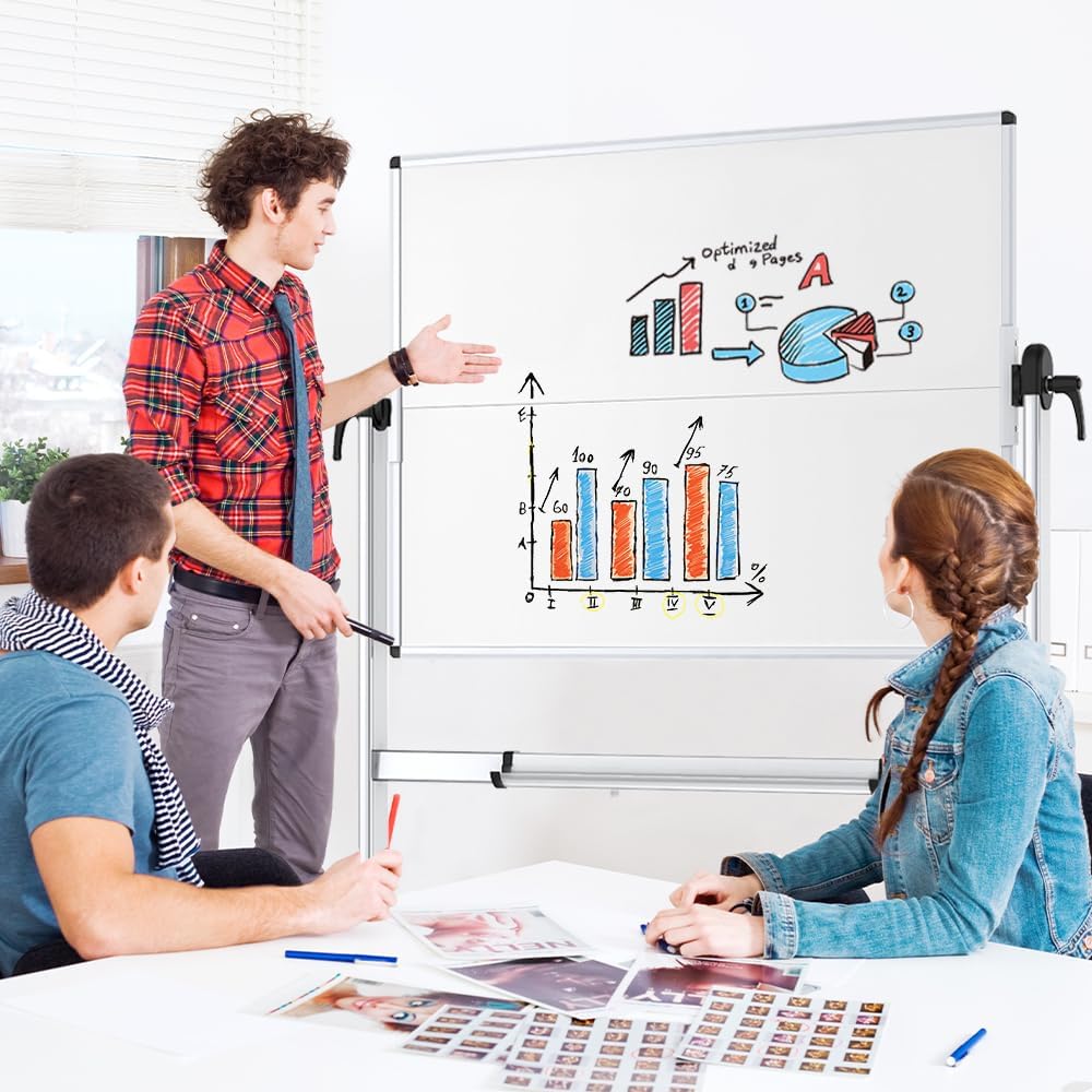 VIZ-PRO Double-Sided Mobile Whiteboard, 48 x 48 Inches, Magnetic Rolling Dry Erase White Board on Wheels with Aluminium Frame and Stand 4' x 4'