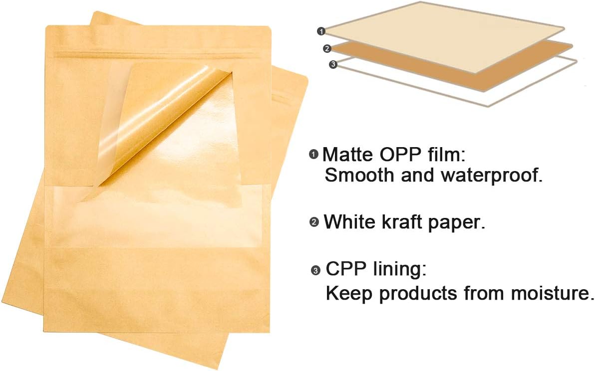 Stand Up Kraft Pouch Bags,Reusable Zip Lock Sealing & Notch Matte Transparent Window Bags, Resealable Zip Lock Food Storage Bag,11.8 x 7.9 + 3.14 Inches, Pack of 50