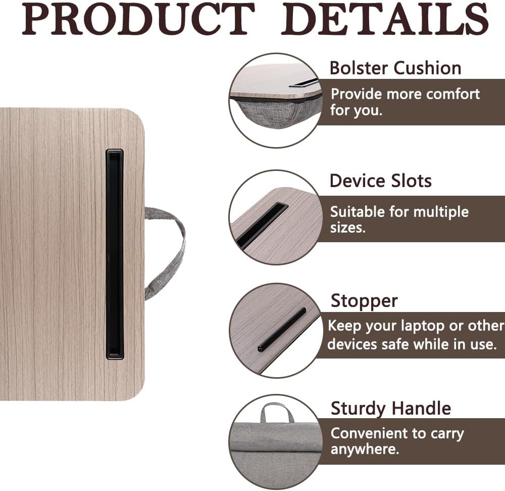 Portable Laptop Desk Fits Up to 16“ Laptops, with Tablet Slot, Built-in Cushion, Great for Home & Office,Lap Desk with Cushion (Walnut, Medium)
