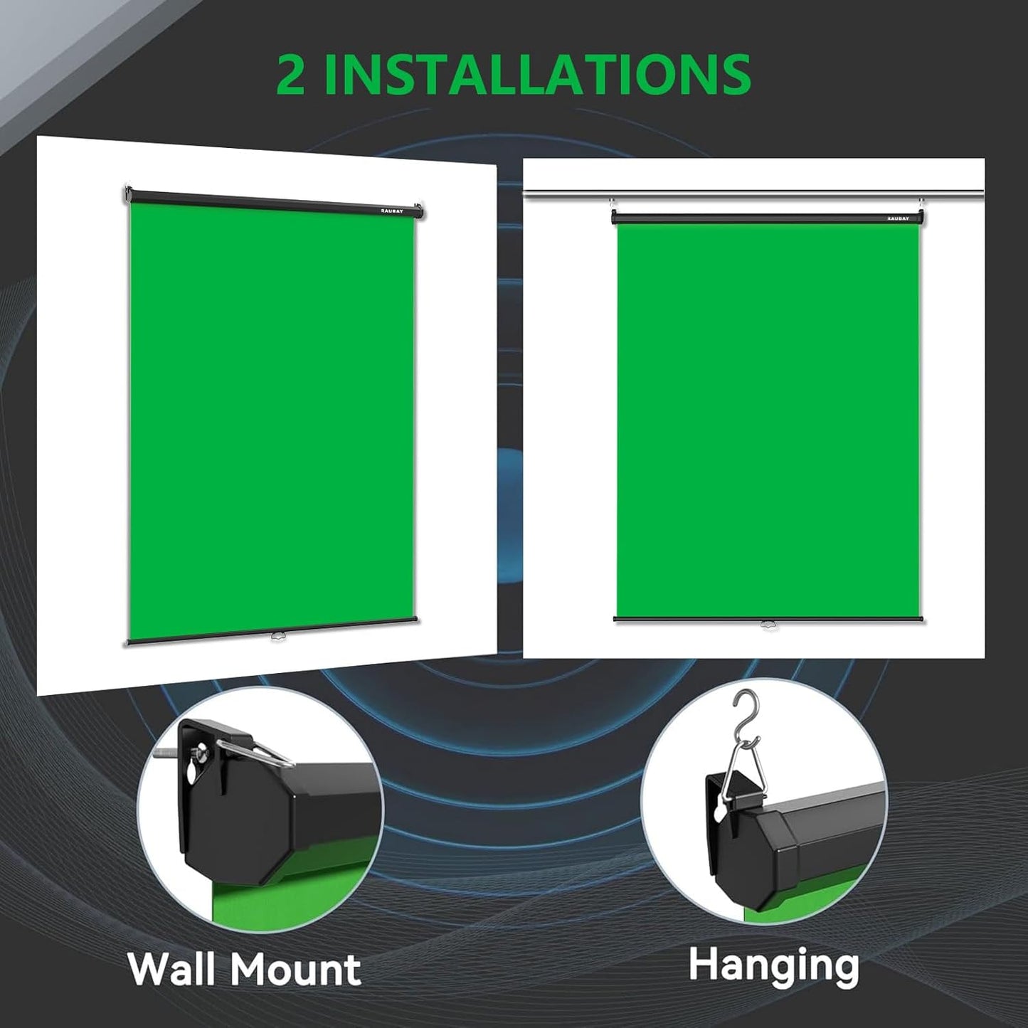 RAUBAY Retractable Pull Down Green Screen - 59.8" x 86.6" Collapsible Wall-Mount Background for Professional Video Production, Chroma Key Backdrop for YouTube, TikTok, Streaming, Video Conferencing