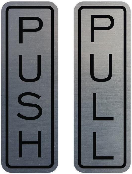 All Quality Classic Vertical Push Pull Door Signs - Great for Glass Doors | Professional Looking Signs | Easy Installation Includes Double-Sided Foam Adhesive Tape (Brushed Silver) - Large (1 Pack)