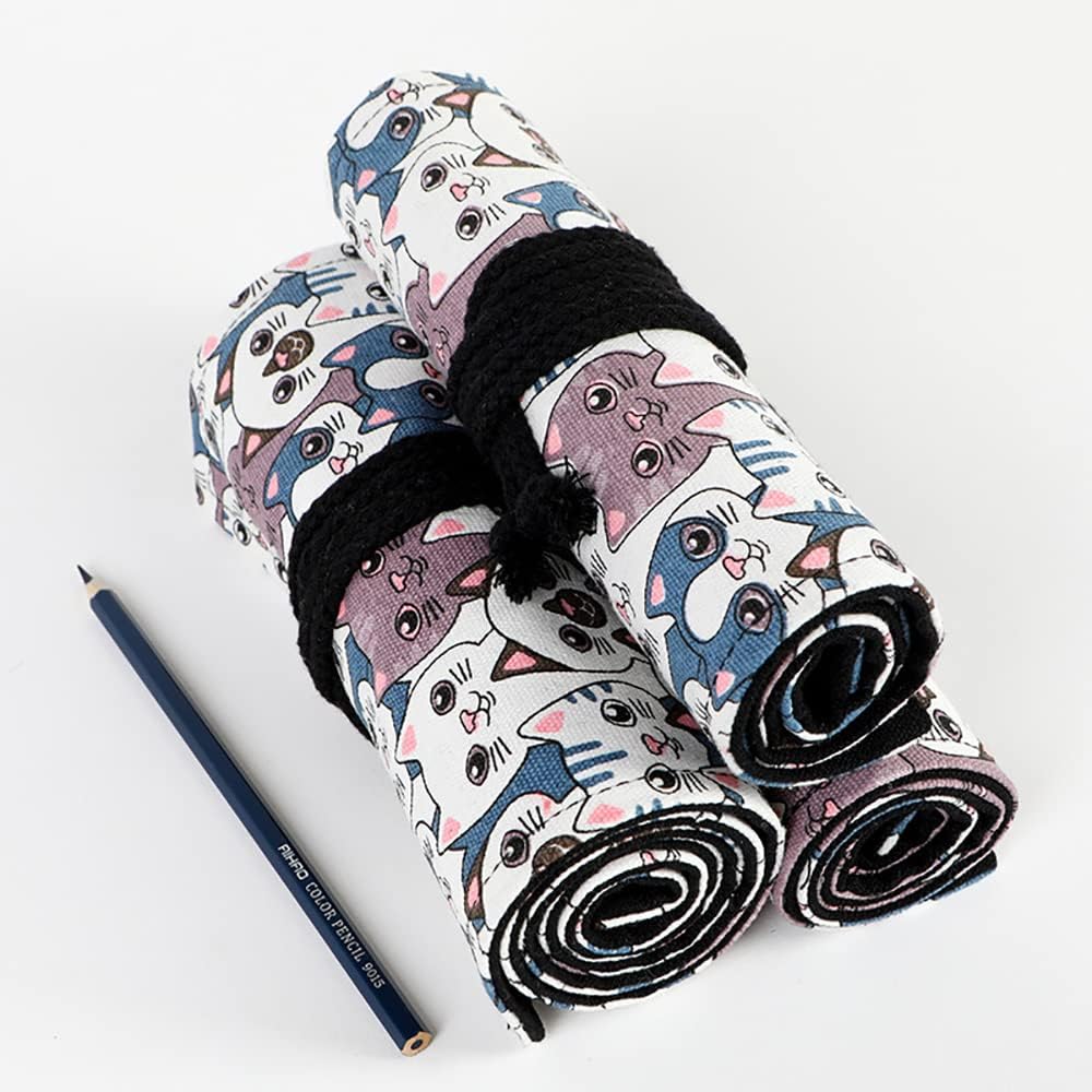 DIYOMR 24/36/72 Slots Pencil Wrap Pencil Rolls, Artist Colored Pencils Roll Up Bag Short Brushes Pouch Case Pencils Organizer for Drawing Coloring and Sketching (Big Headed Cat, 36slots)