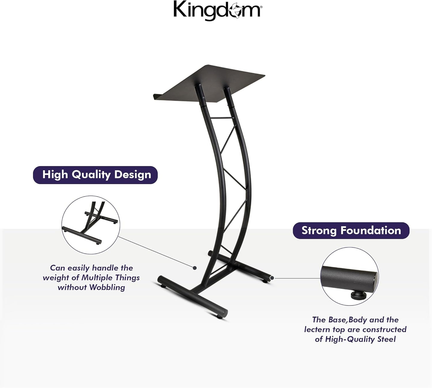 Kingdom KML8CB All Metal-Constructed Curved Lectern with “H” Style Base, Stand up Church Pulpit, Slanted Lectern, Conference Podium for Speakers, Speeches, Other Occasions, Powder Coat Finish Black