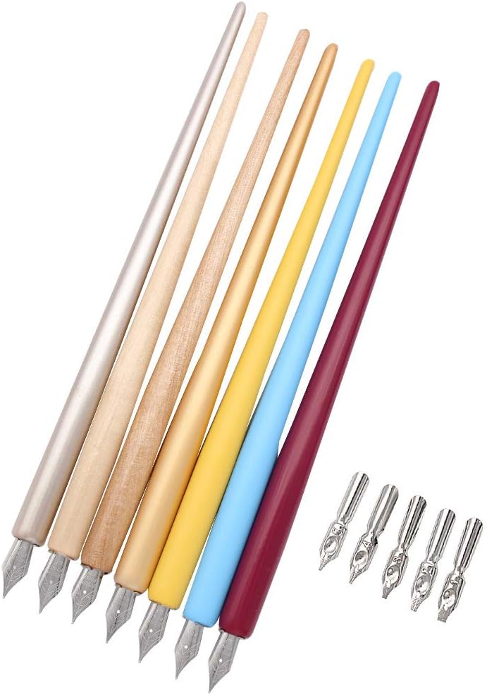 Professional Manga Gothic Pen Dip Pen Calligraphy Drawing Pen Kit, 7 Pen Holders Handles, 12 Nibs (7 Fountain Pen Nib, 5 Flat Nib) - 7 Pcs B