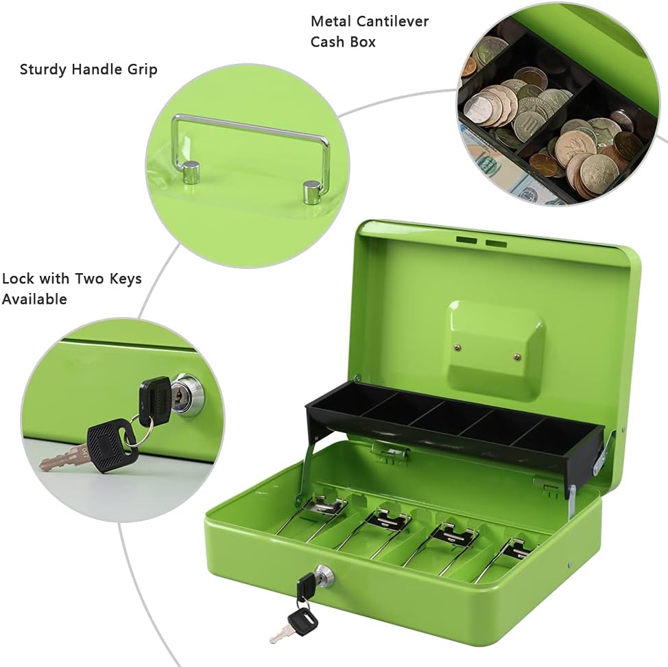 KYODOLED Locking Cash Box with Lock,Money Box with Cash Tray,Lock Safe Box with Key Money Saver,Money Saving Organizer,11.81Lx 9.45Wx 3.54H Inches,Limegreen XL Large