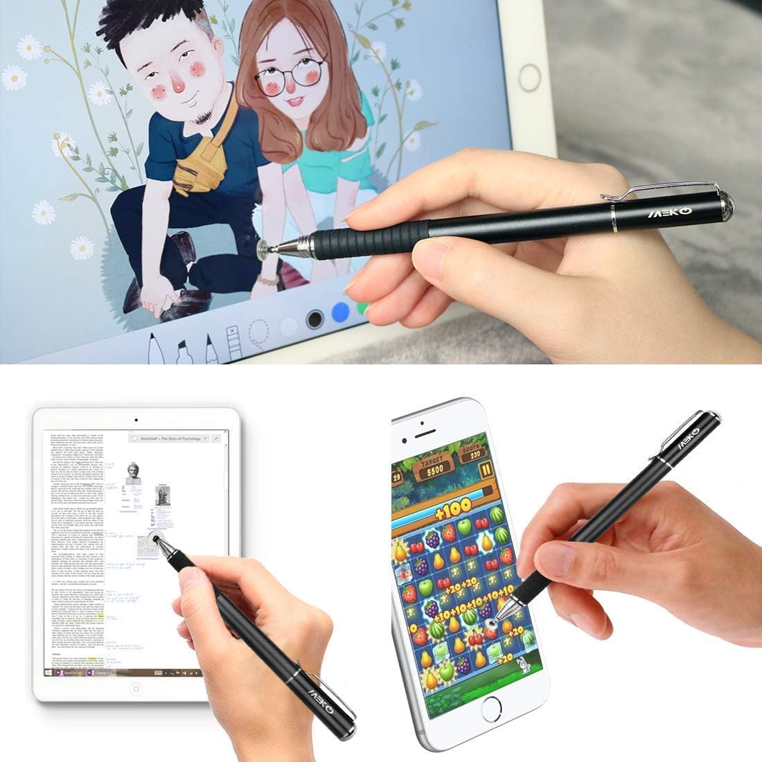 MEKO(2 Pcs) [2 in 1 Precision Series] Disc Stylus/Styli for All Touch Screen Devices Bundle with 4 Replaceable Disc Tips, 2 Replaceable Fiber Tips - (Black/Purple)