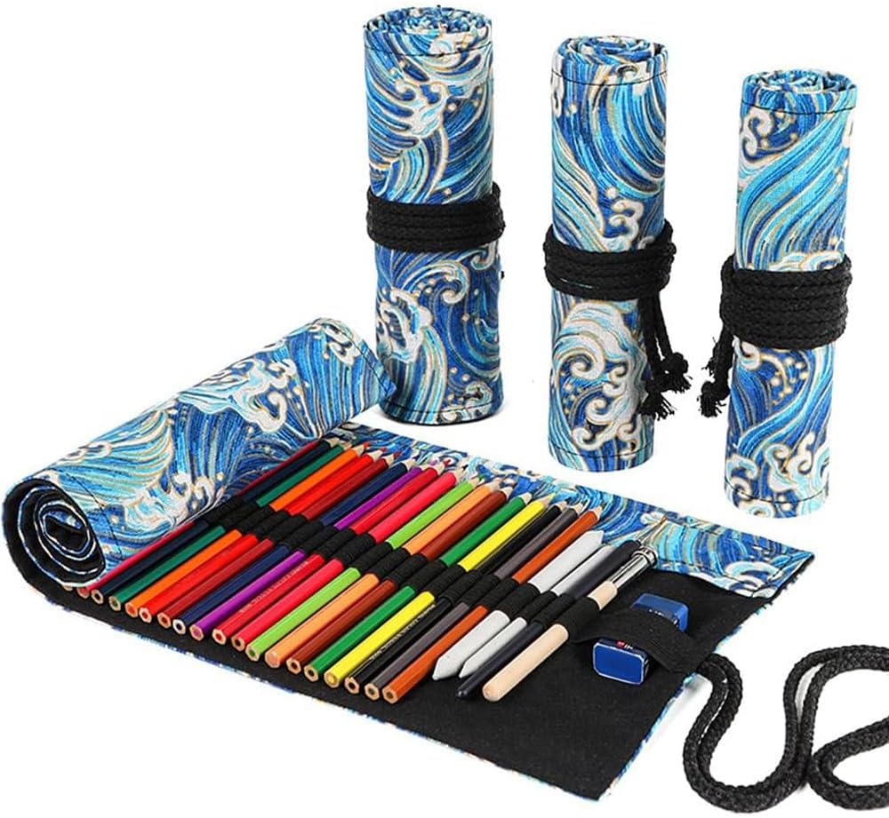DIYOMR 12/24/36/72 Slots Pencil Wrap Pencil Rolls，Artist Colored Pencils Roll Up Bag Short Brushes Pouch Case Pencils Organizer Drawing Coloring & Sketching，No Pencils (Blue Ocean，12slots) (PCD1098)
