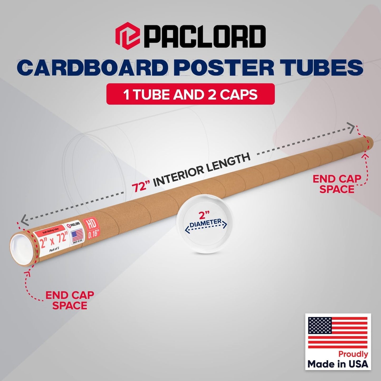 2" x 72" Heavy-Duty Reinforced Cardboard Mailing Tube, Pack of 1 Tube with 2 Caps – Secure USPS Approved – Great for Shipping and Storing of Prints, Artwork, Posters or Documents
