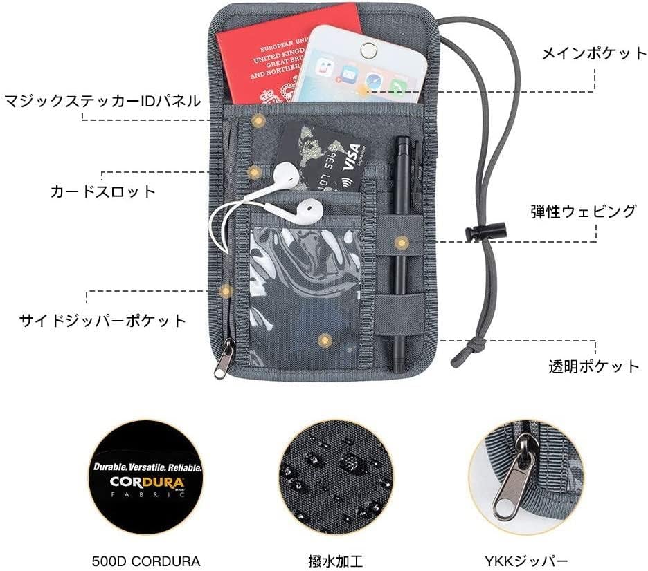 EXCELLENT ELITE SPANKER Passport Holder Neck Pouch RFID Nylon Blocking Travel Neck Wallet ID Card Organizer Pouch with Neck Lanyard(Grey)