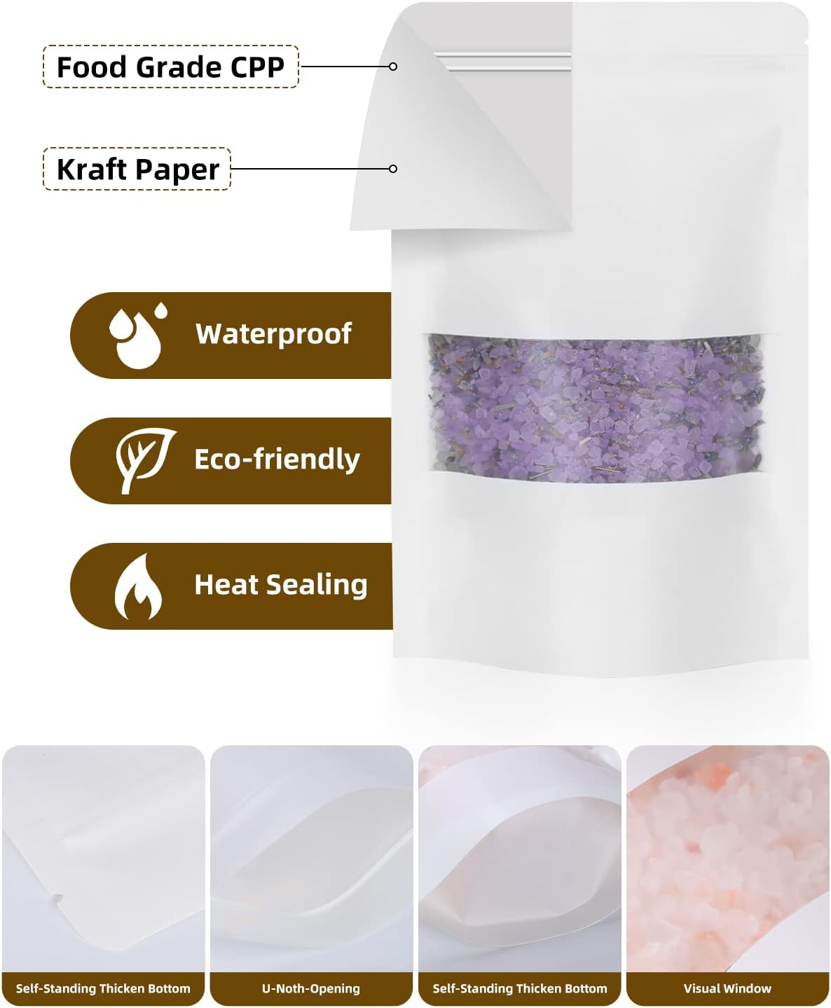 50pcs Kraft Bags with Window 3.5x5.5 Inches White Reusable Sealable Zip Lock Food Storage Stand up Paper Pouches for Home or Business