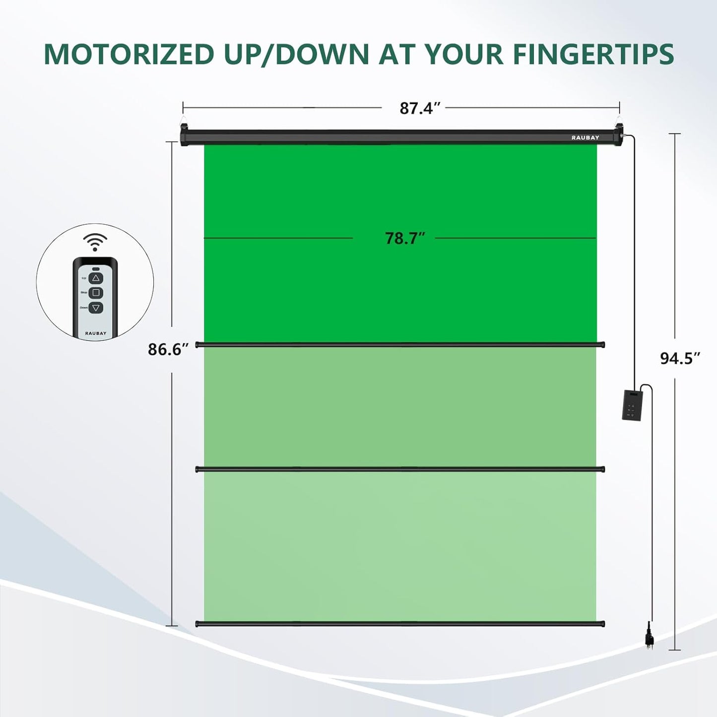 RAUBAY Motorized Pull Down Green Screen - 78.7" x 86.6" Collapsible Wall-Mount Background for Professional Video Production, Chroma Key Backdrop for YouTube, TikTok, Streaming, Video Conferencing