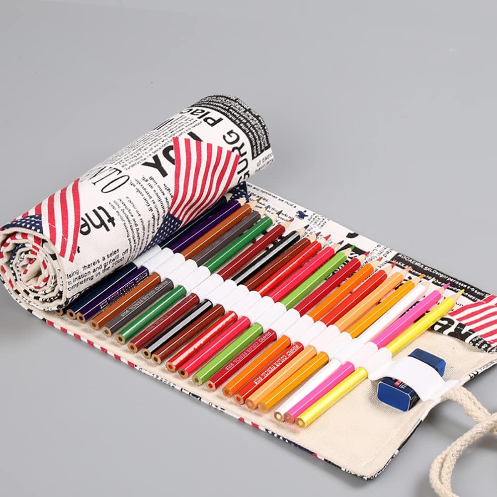 DIYOMR 24/36/72 Slots Pencil Wrap - Roll Up Bag with Short Brushes Pouch Case for Drawing, Coloring and Sketching - NO PENCILS (Flag, 36 Slots)