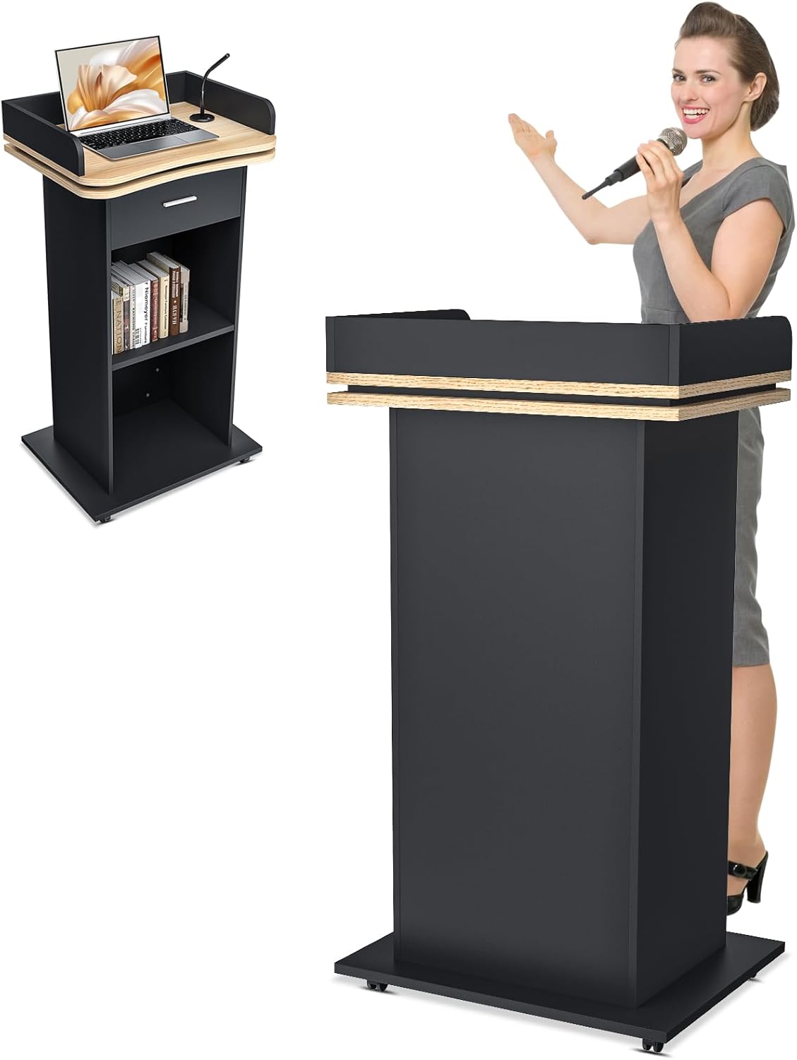 43" Wood Podium Stand with 3 Levels of Storage, Portable Lectern with Wheels, Floor Standing Customer Reception Podiums Mic Stand Desk for Churches, Office, School,Conference, Auditorium