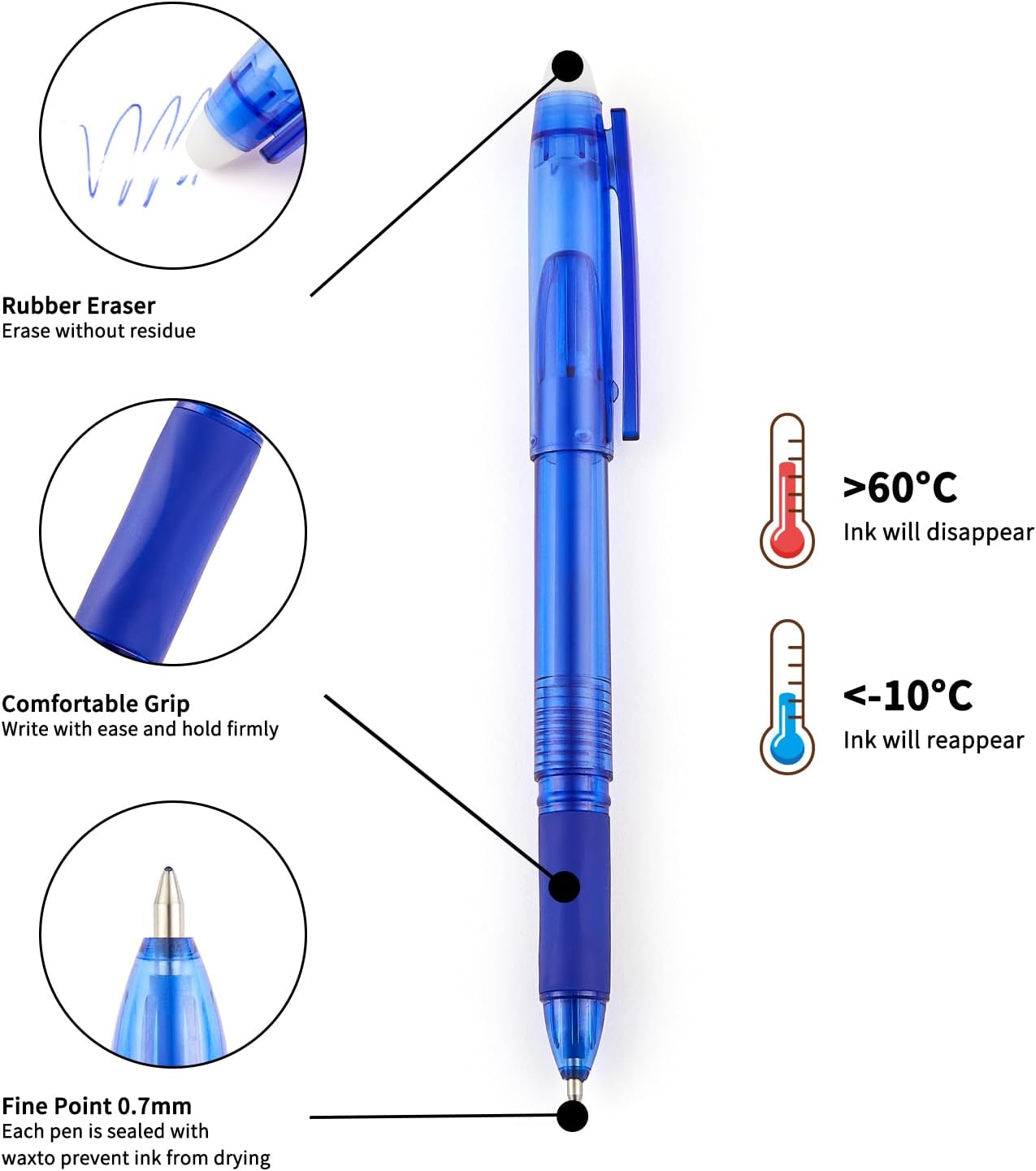 Volcanics Blue Erasable Gel Pens, 0.7mm Fine Point Gel Erasable Pens - Compatible with Rocketbook, 12 Pack, Smooth Writing Pens Pencil-Like Precision for School & Office